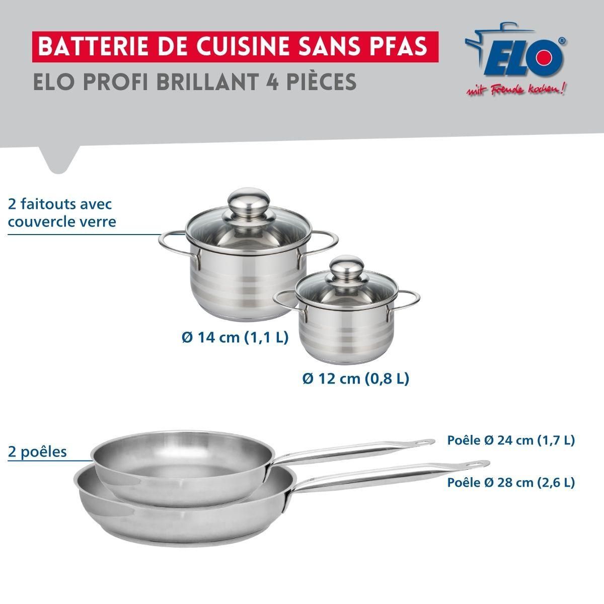 ELO Ensemble de 2 Poêles de cuisson 24 et 28 cm et 2 faitouts 12 et 14 cm Elo Profi Brillant