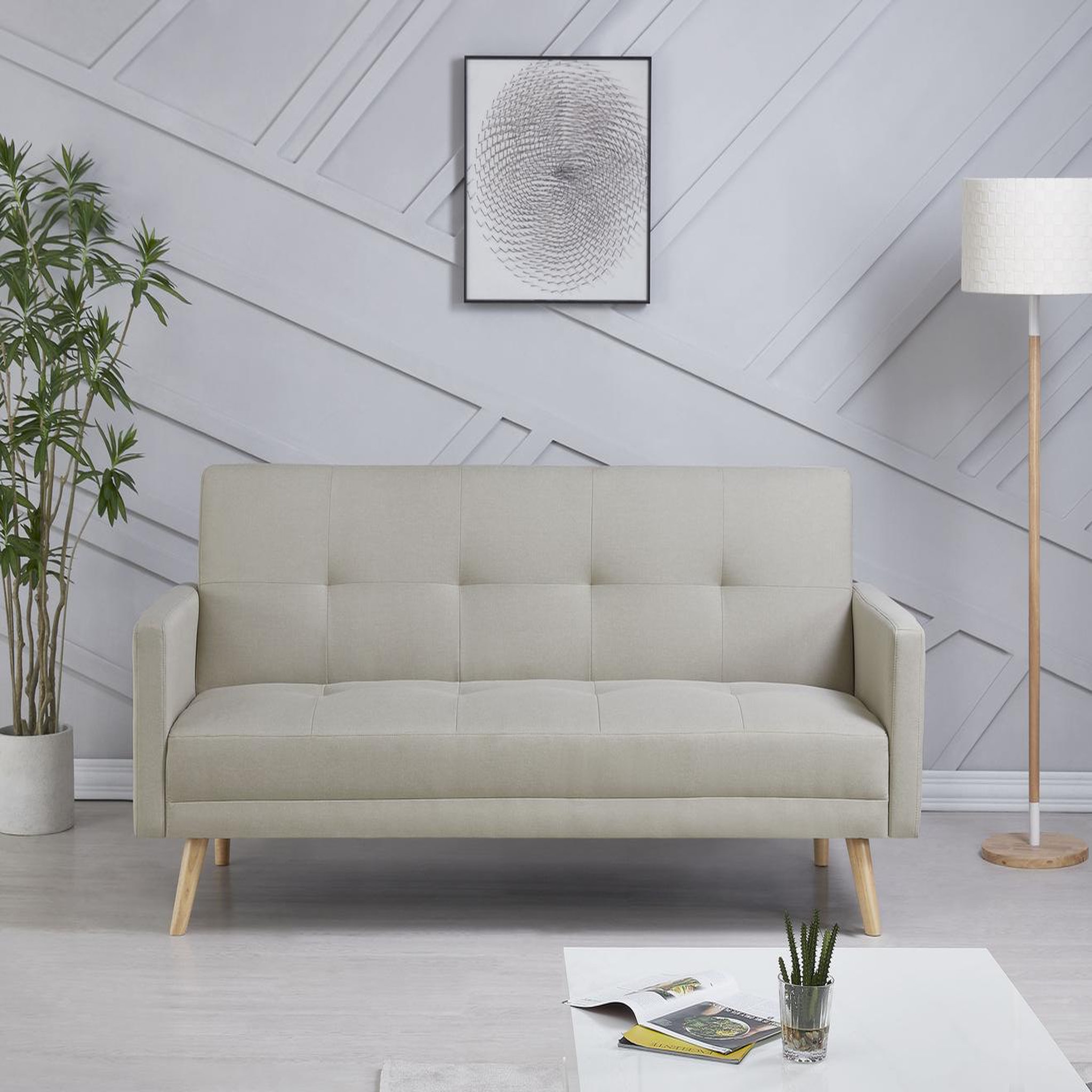 Voir la diapositive 2 : CONCEPT USINE Canapé scandinave convertible 3 places en tissu beige wooden