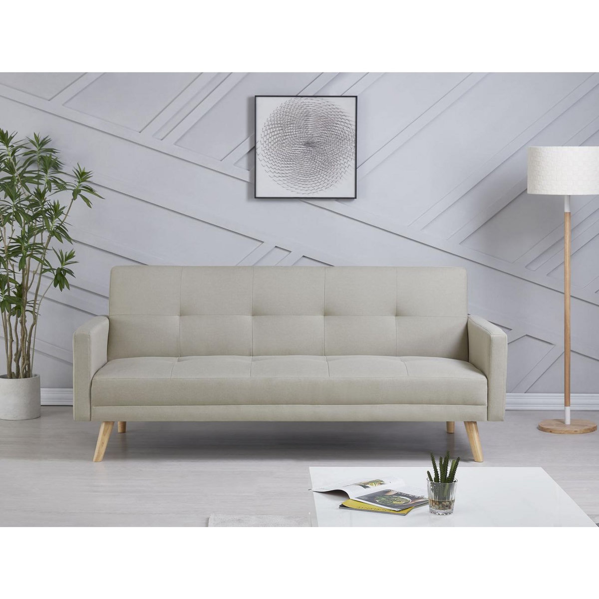 CONCEPT USINE Canapé scandinave convertible 3 places en tissu beige WOODEN