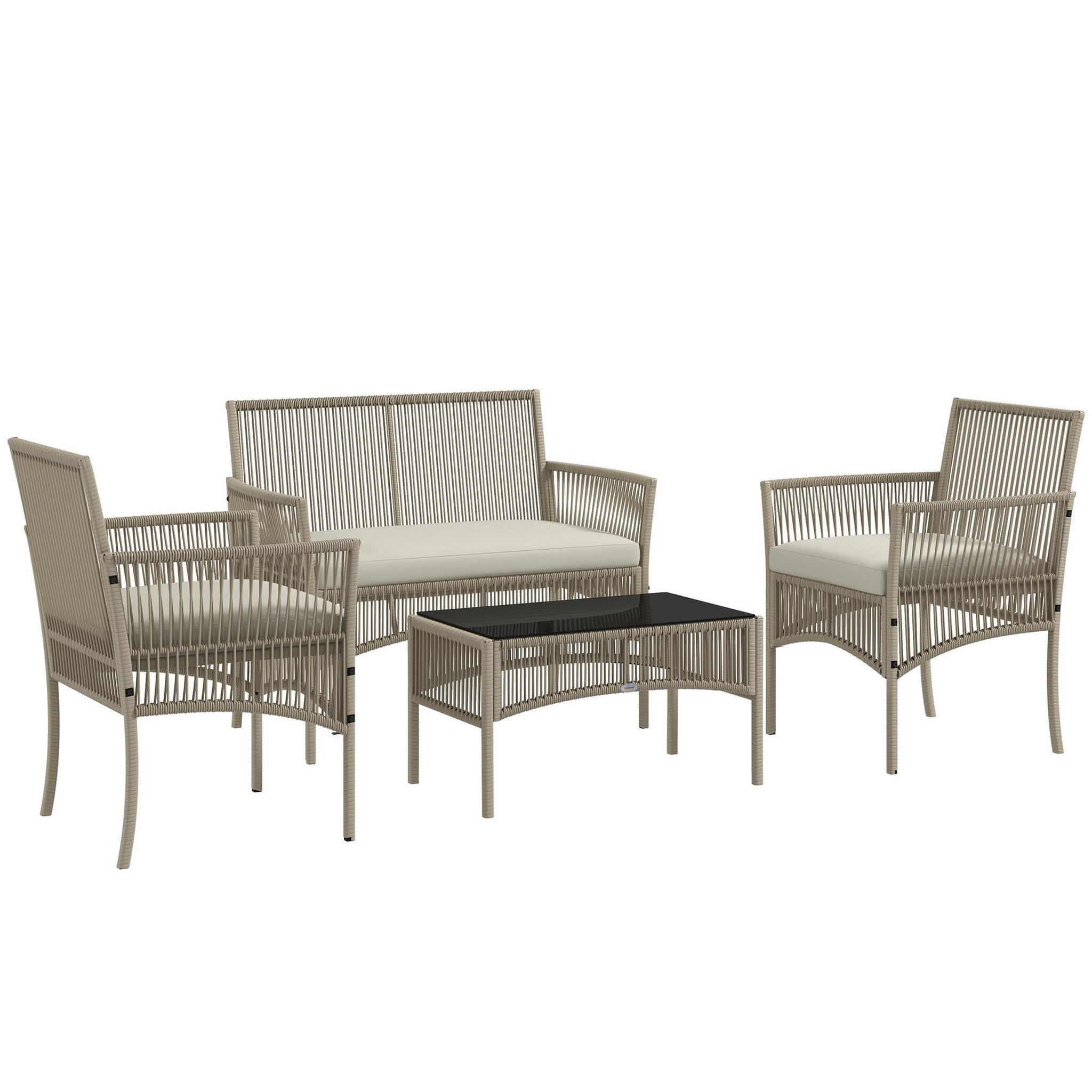 OUTSUNNY Salon de jardin 4 places 4 pièces style colonial table basse coussins inclus résine tressée filée aspect rotin taupe clair
