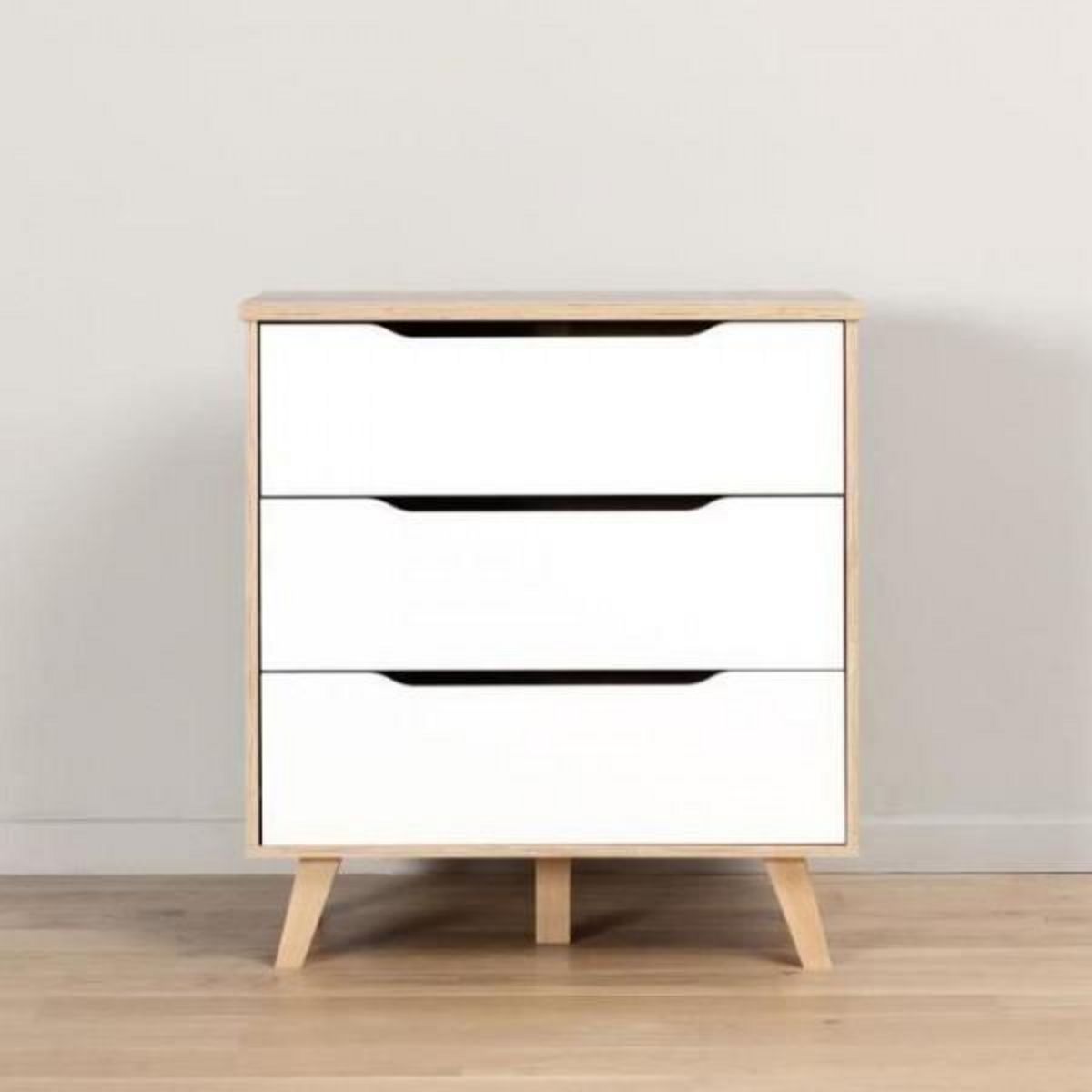 MARKET24 Commode 3 tiroirs - Décor chene et blanc mat - Pieds en massif - Scandinave L 80 cm - VANKKA
