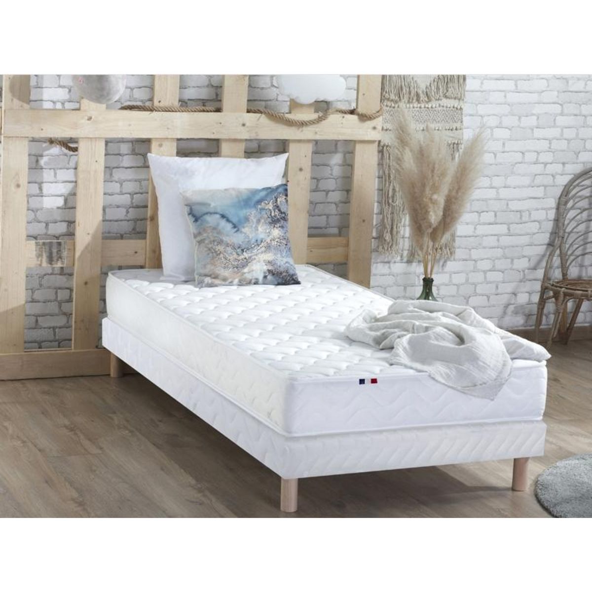 Ensemble Matelas Mousse Accueil Latex 3 Zones + Sommier 90x190 cm Blanc TOULON