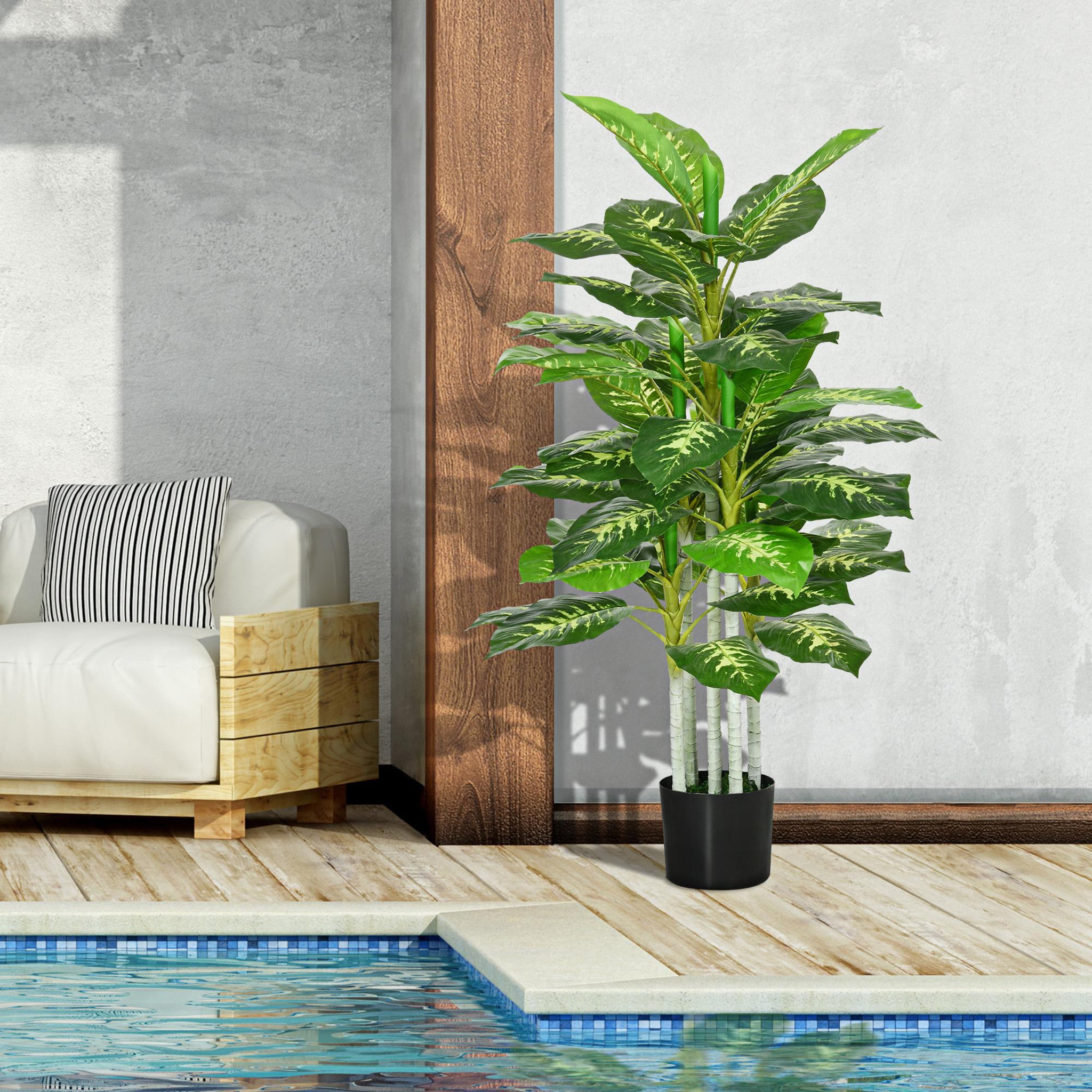 Voir la diapositive 2 : HOMCOM Arbre artificiel plante artificielle Calathea H. 120 cm tronc branches lichen feuilles grand réalisme pot inclus
