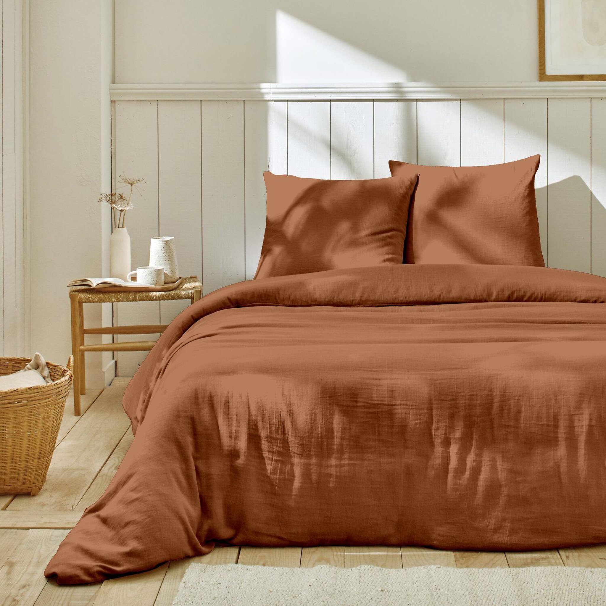 Voir la diapositive 1 : Home collection Parure housse de couette en gaze de coton - rose