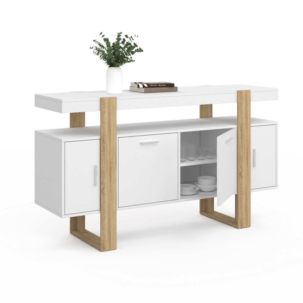 ID MARKET Buffet 140 cm PHOENIX 4 portes blanc et bois