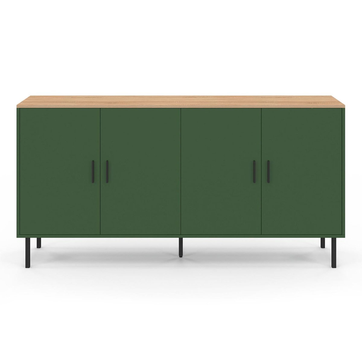 ID MARKET Buffet 160 cm KELIA 4 portes vert kaki et plateau bois