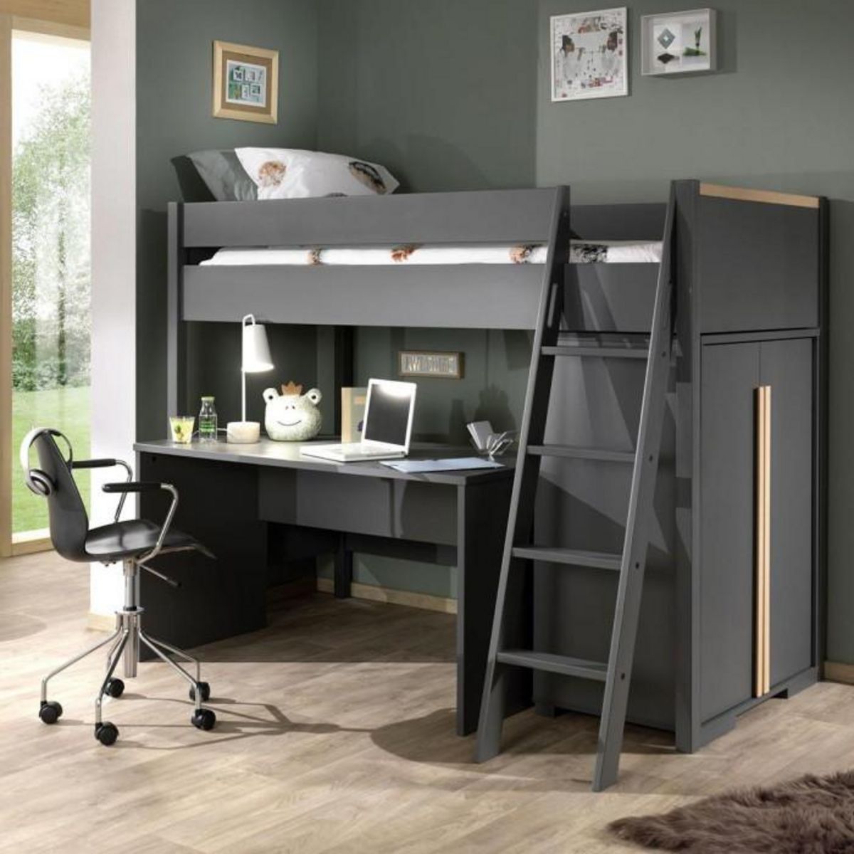 Paris Prix Pack - Lit Mezzanine Enfant, Armoire & Bureau  London  Anthracite