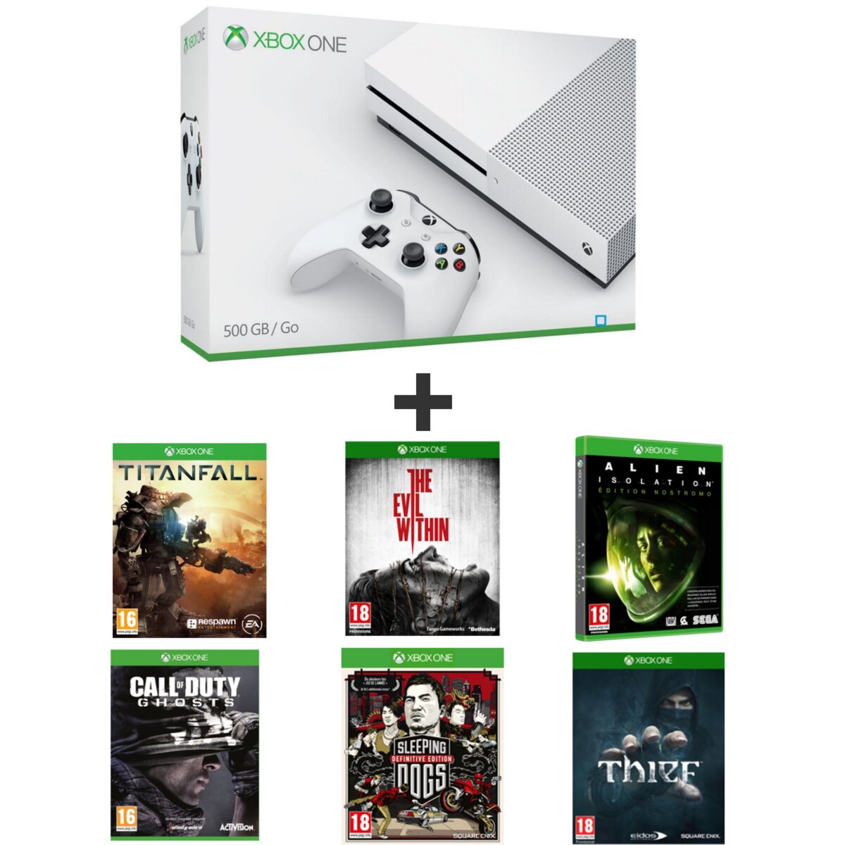 Console Xbox One S 500 Go + TITANFALL + THE EVIL WITHIN + ALIEN ISOLATION - LIMITED EDITION + CALL OF DUTY GHOSTS + SLEEPING DOGS + THIEF
