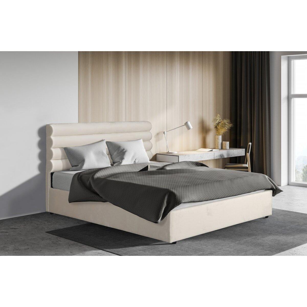 Habitat et Jardin Lit double en velours design  Livigno  - 140 x 190 cm - Beige