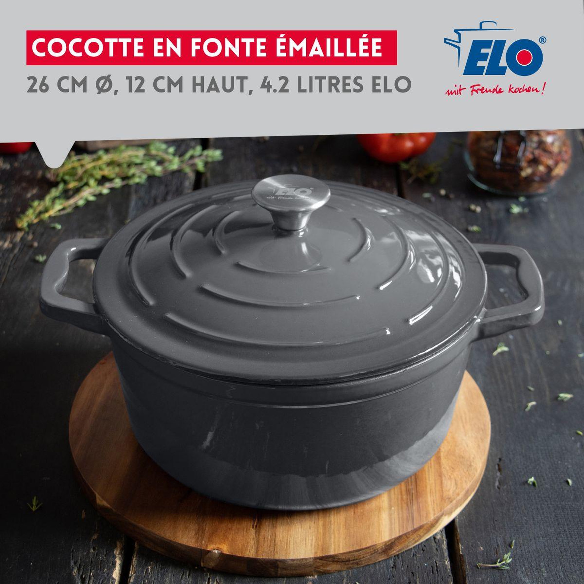 Voir la diapositive 2 : ELO Cocotte 26 cm en fonte émaillée gris classique 4.5 l elo