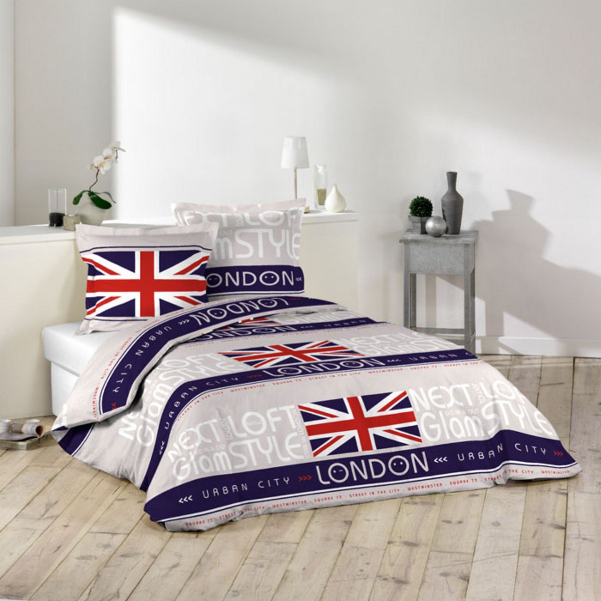 Parure housse de couette coton motif ENGLAND