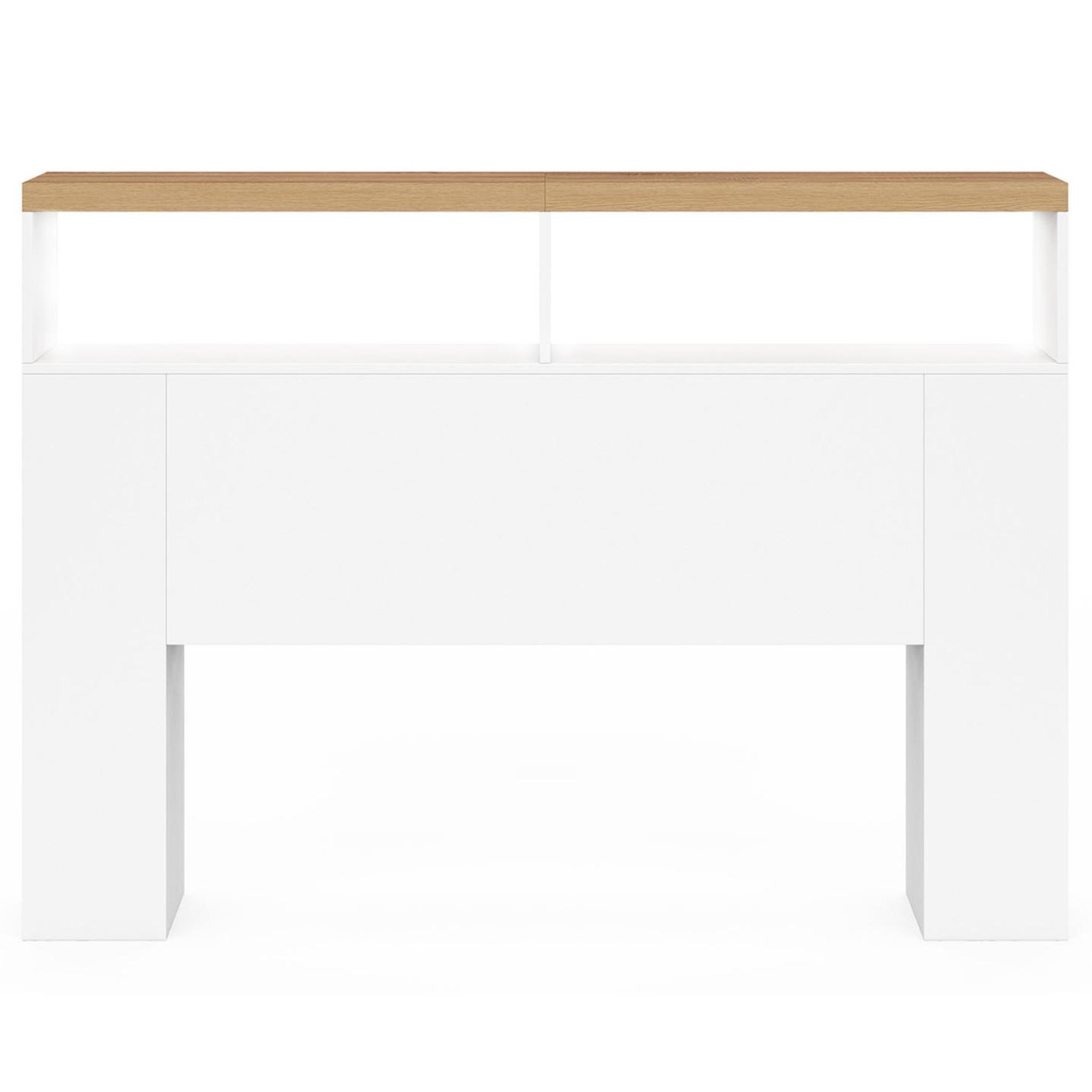 Voir la diapositive 3 : ID MARKET Tête de lit sur pied luna à leds 145 cm avec rangements fermés et niches blanc et plateau effet bois