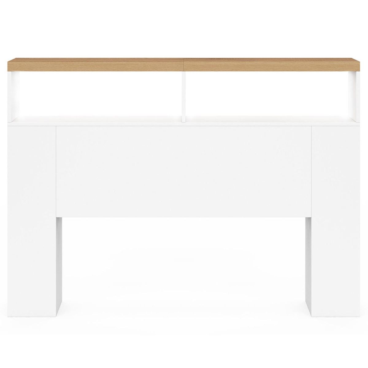 ID MARKET Tête de lit sur pied LUNA à LEDS 145 cm avec rangements fermés et niches blanc et plateau effet bois