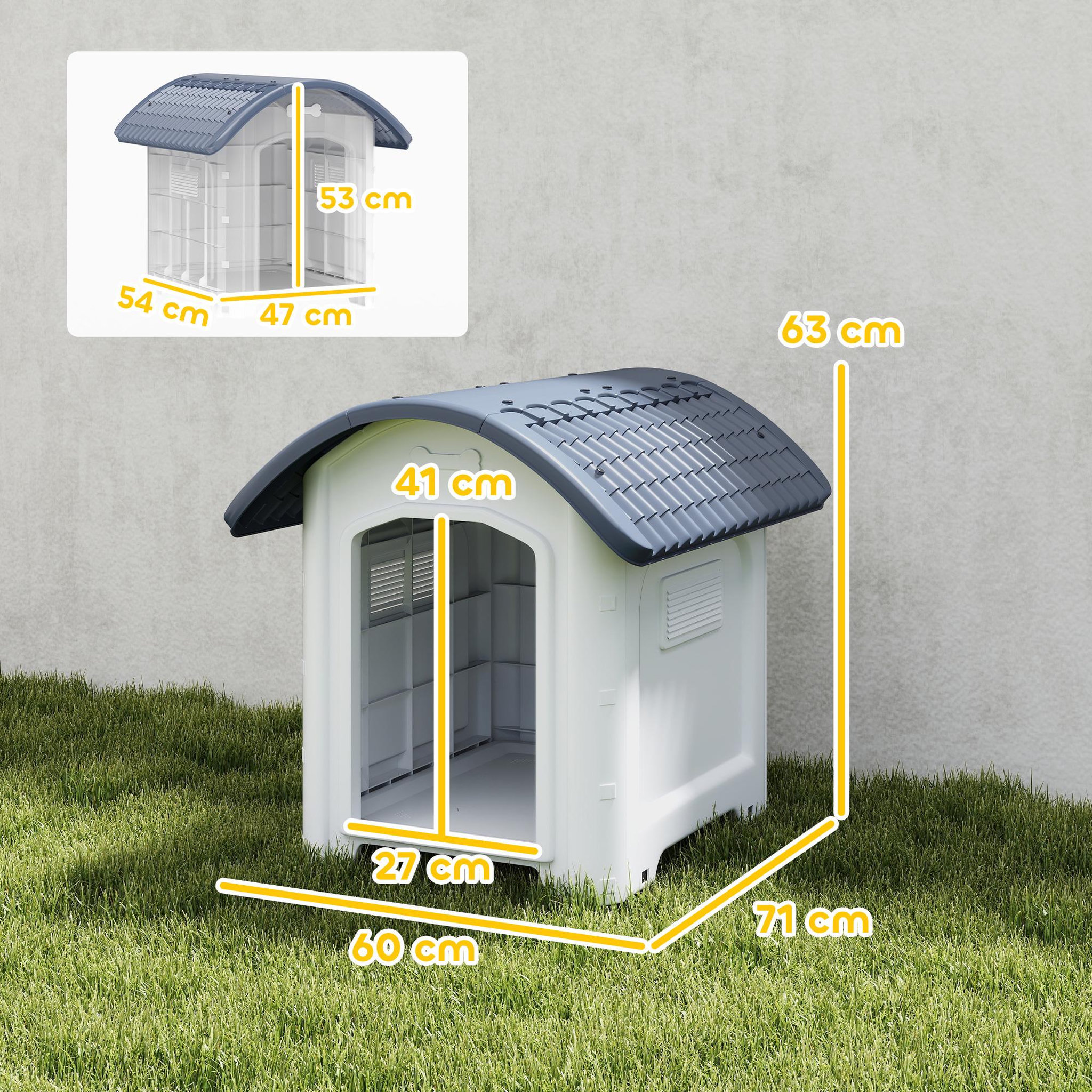 Voir la diapositive 3 : PAWHUT Niche chien plastique design bicolore gris blanc toit cintré 71 x 60 x 63 cm