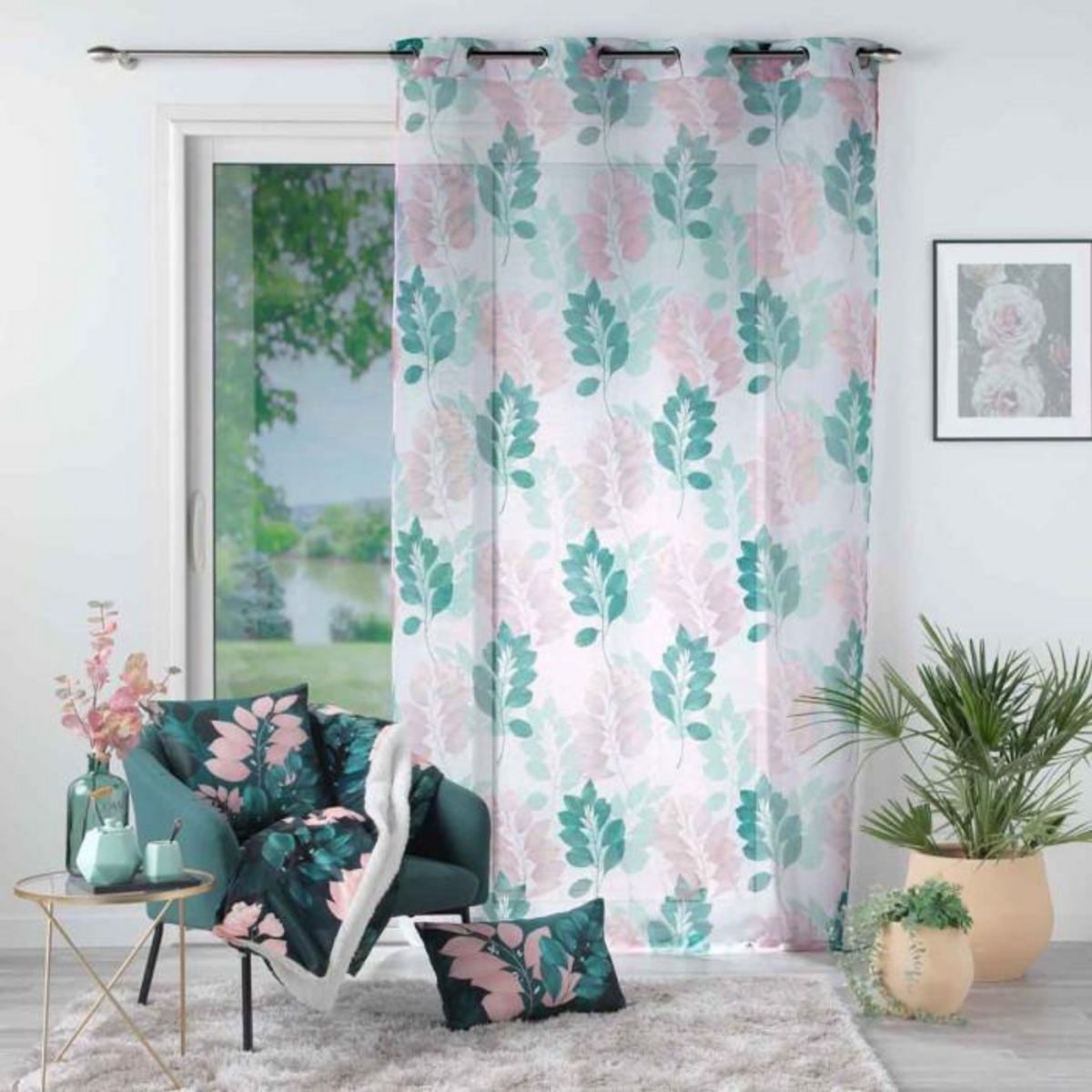 Paris Prix Rideau Voilage à Œillets  Belline  140x240cm Blanc & Émeraude