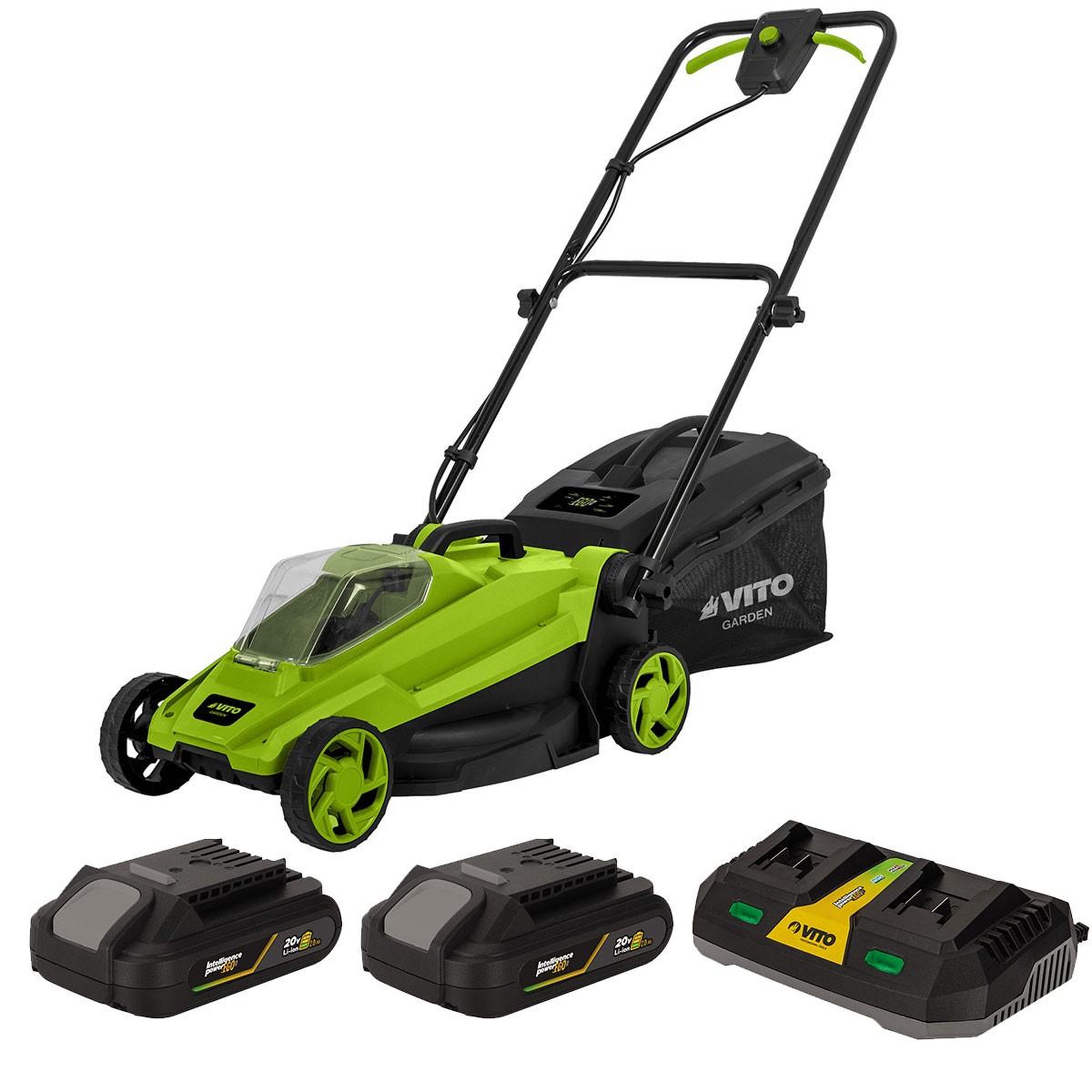 VITO Tondeuse à gazon 20V + 2 Batteries lithium 3.0Ah + Chargeur double Gazon 300m2 - Bac 30L VITO