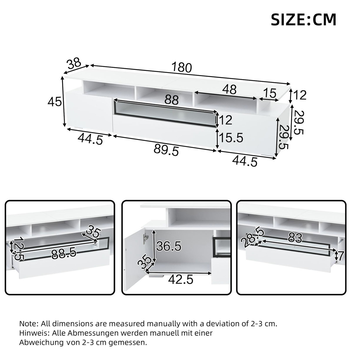 MERAX Meuble tv blanc 180 cm led panneau de particules