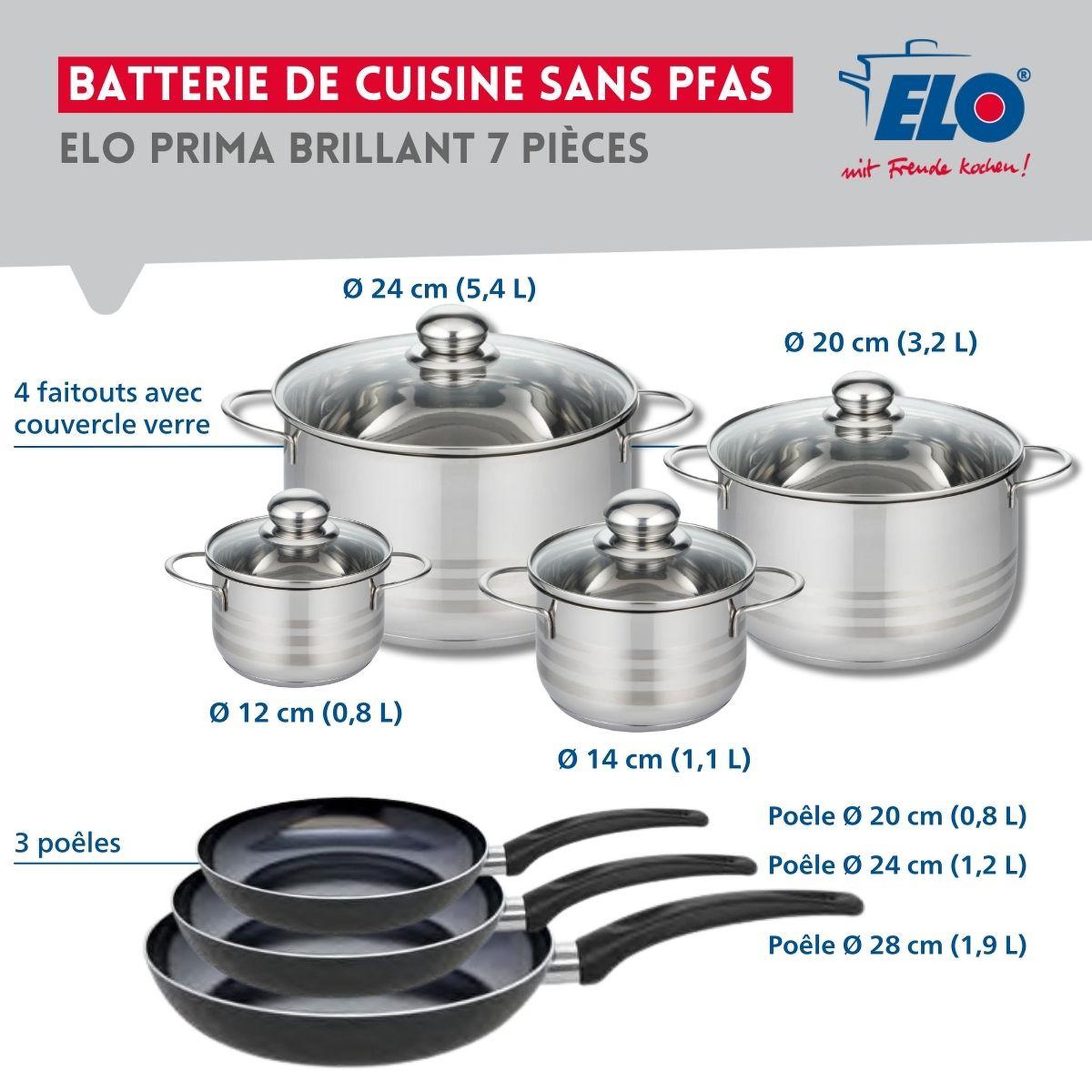 Voir la diapositive 2 : ELO Ensemble de 3 poêles de cuisson 20, 24 et 28 cm et 4 faitouts 12, 14, 20 et 24 cm elo prima brillant