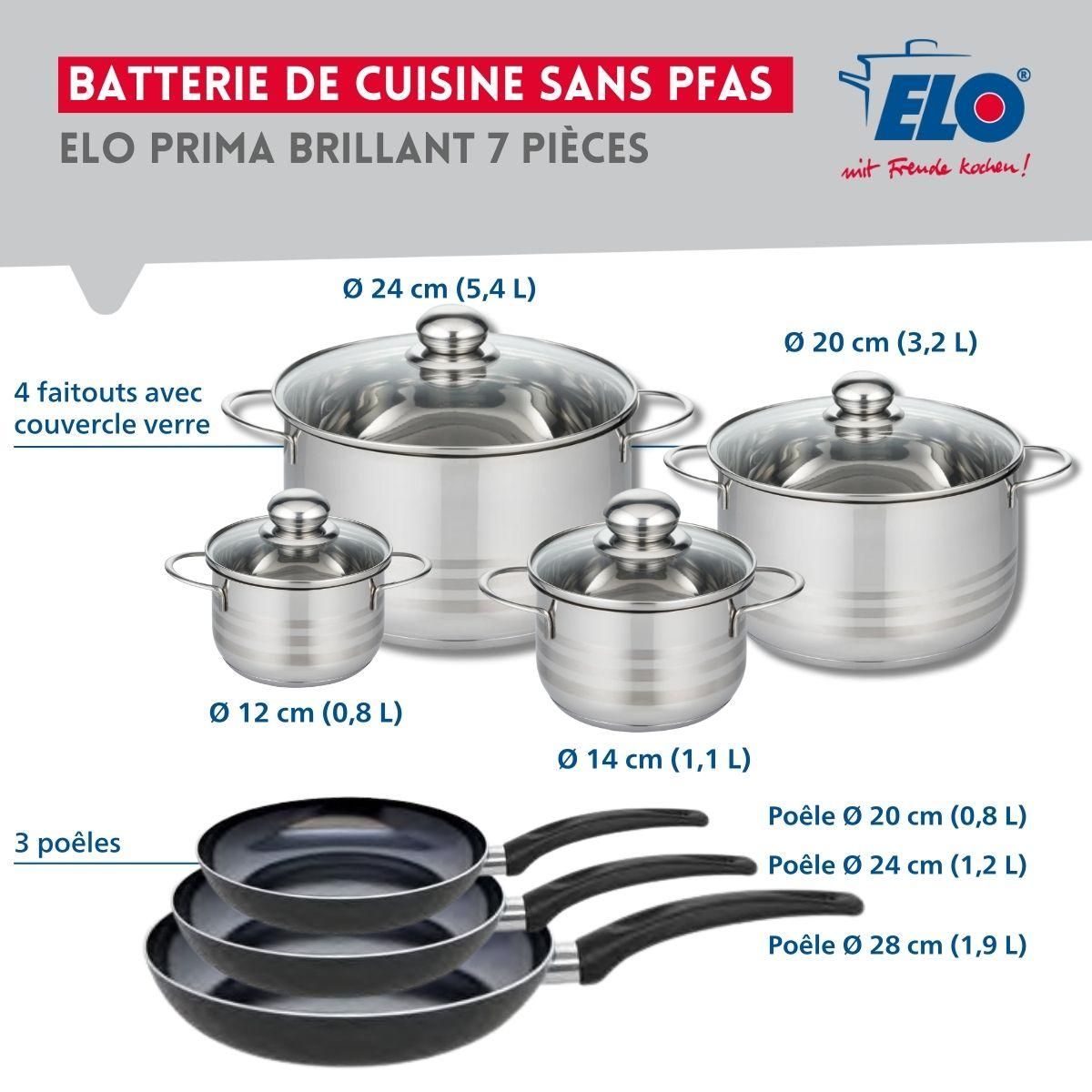 ELO Ensemble de 3 Poêles de cuisson 20, 24 et 28 cm et 4 faitouts 12, 14, 20 et 24 cm Elo Prima Brillant