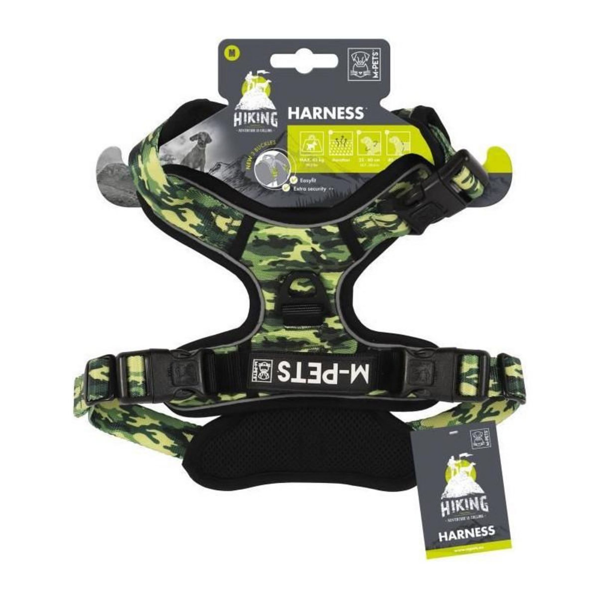 M PETS Harnais - M PETS - HIKING - Camouflage M - Tissu rembourré - Attache sécurité - Poignée - Laisse dos/avant