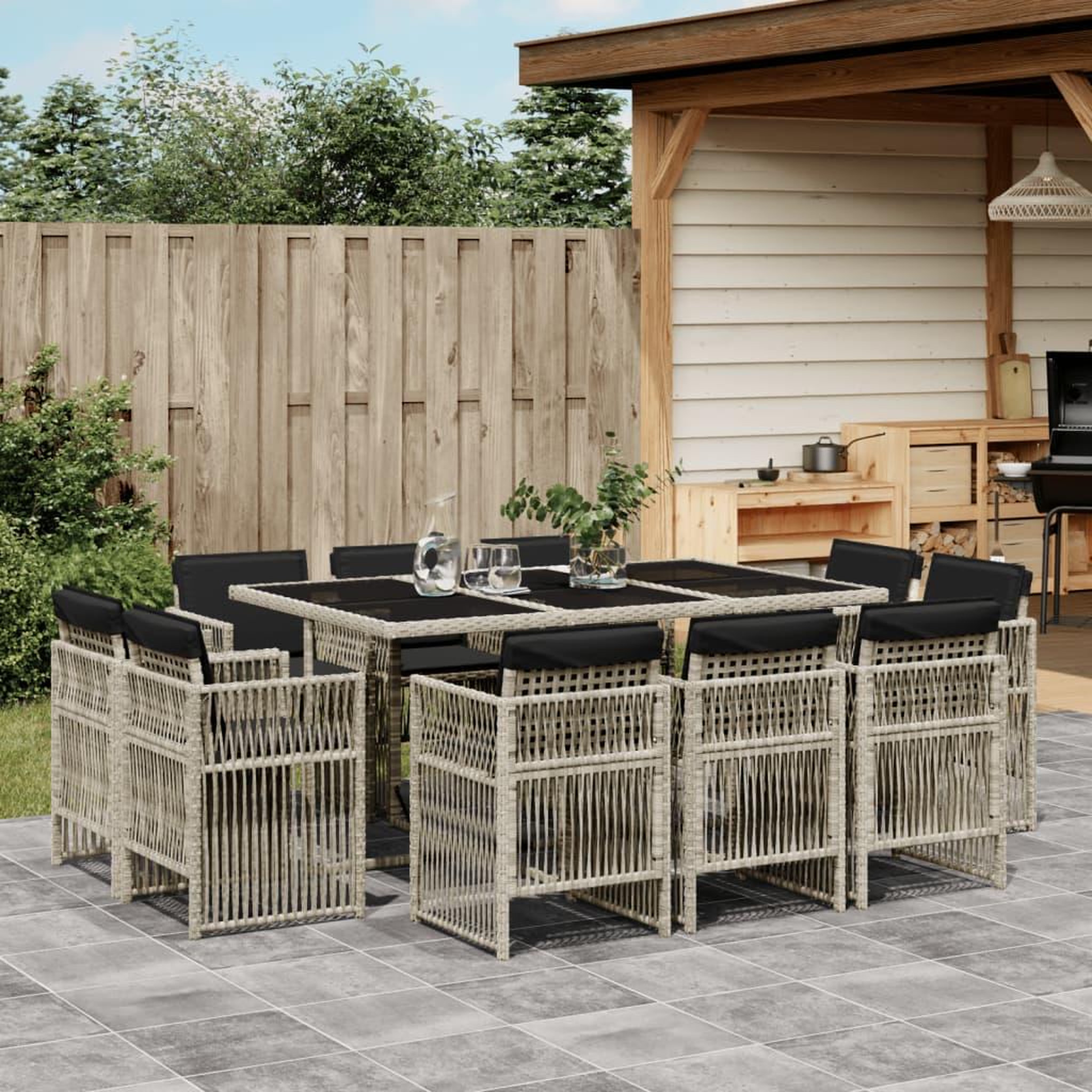 VIDAXL Ensemble a manger de jardin 11pcs avec coussins gris poly rotin