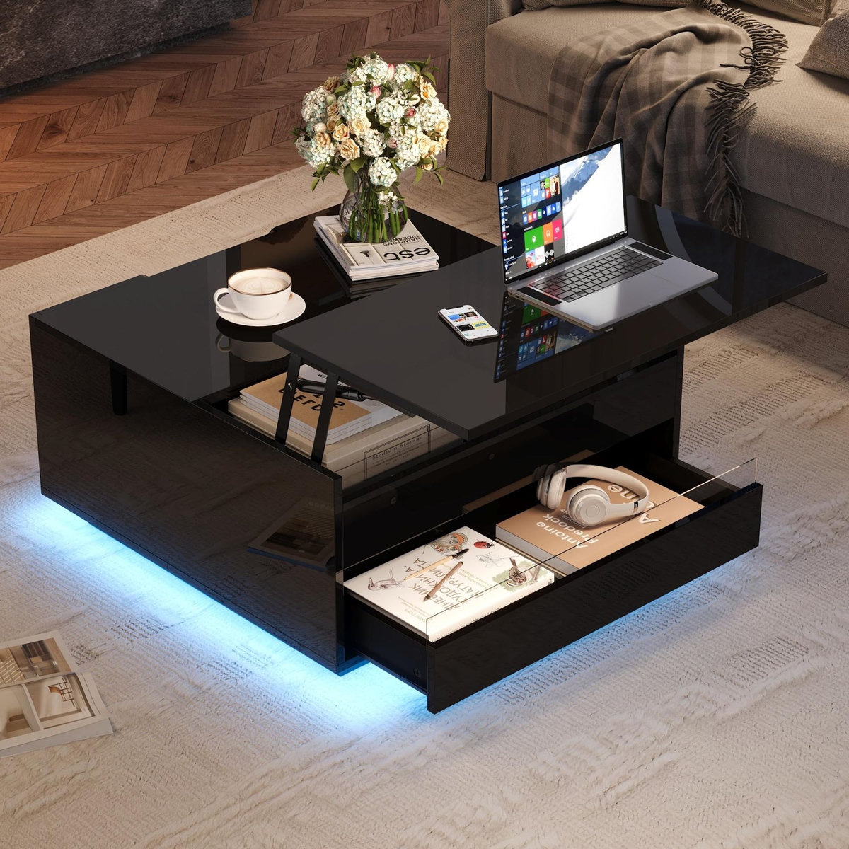 MERAX Table basse relevable carrée noir - 70x70 cm led panneau de particules