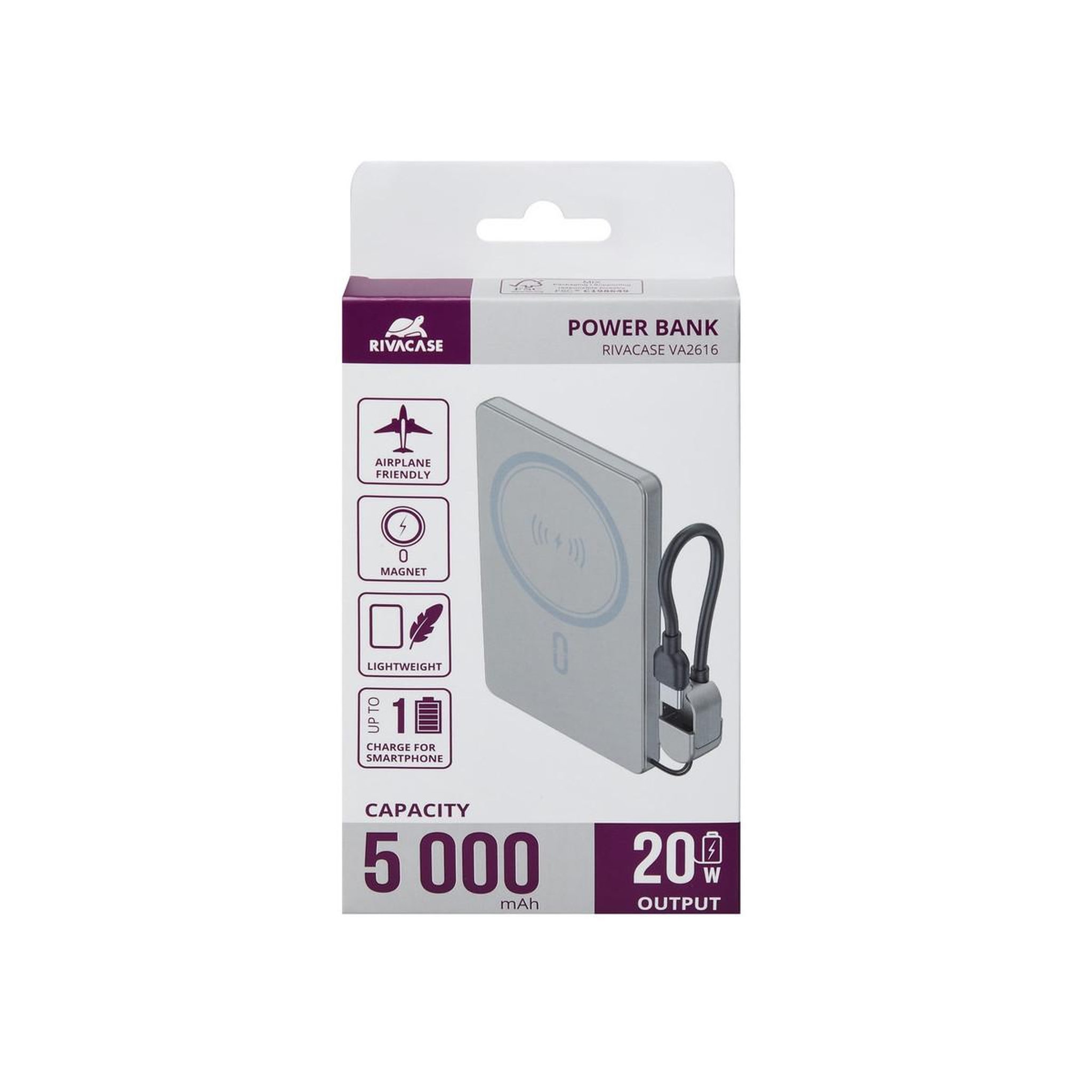 RIVACASE Rivacase va2616 batterie externe 5000 mah magsafe sans fil 15w qc/pd 20w avec anneau pour câble