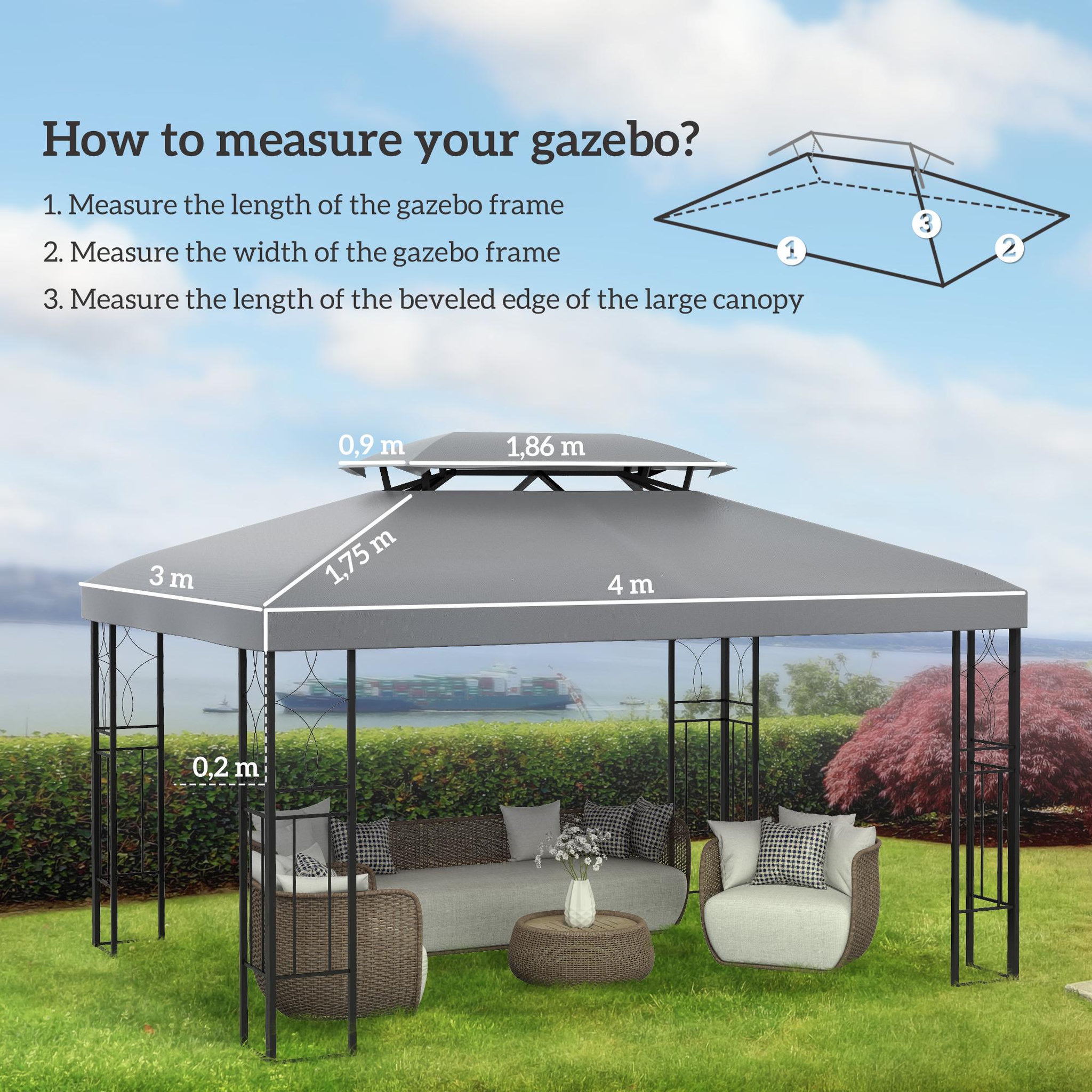 Voir la diapositive 3 : OUTSUNNY Toile de rechange pour pavillon tonnelle tente 3 x 4 m polyester haute densité 180 g/m² gris clair