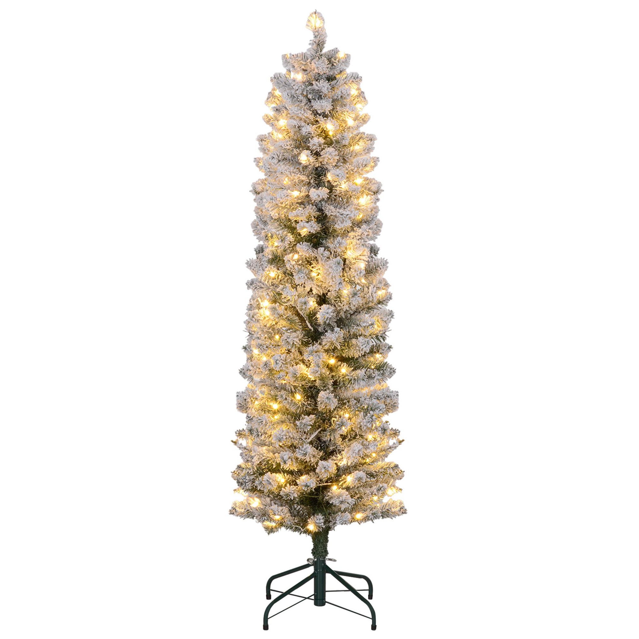 HOMCOM Sapin de noël artificiel led h.150 cm - sapin de noël mince enneigé - 263 branches 120 led blanc chaud
