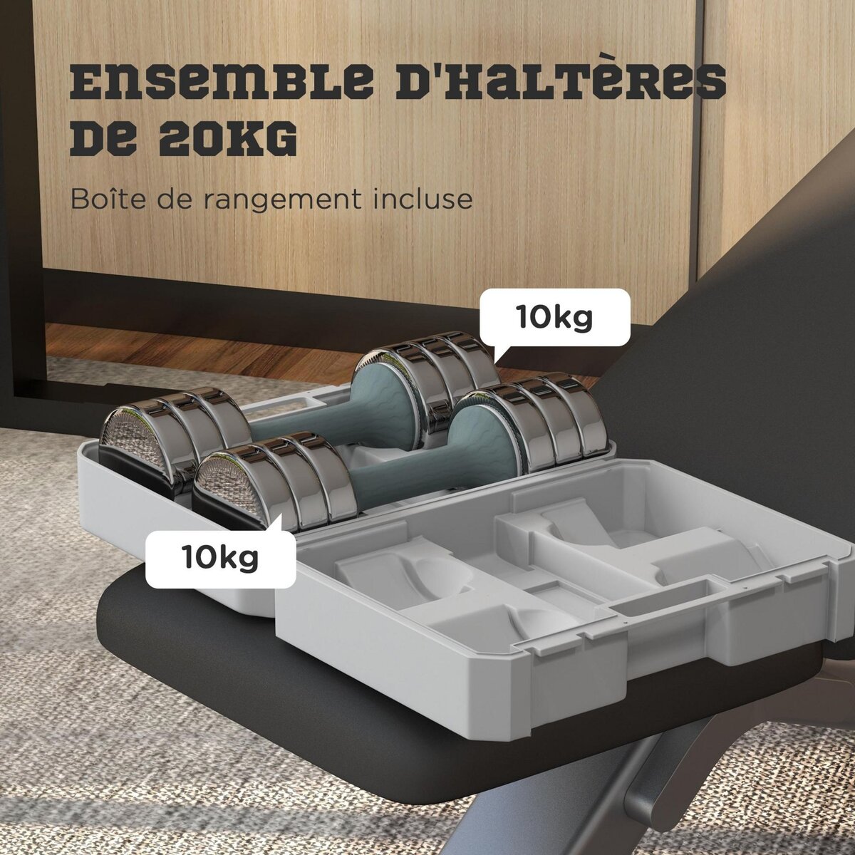 HOMCOM Ensemble de 2 haltères courtes total 20 Kg - 4 poids de 1,5 Kg avec mallette - entraînement musculaire & haltérophilie - acier PU gris