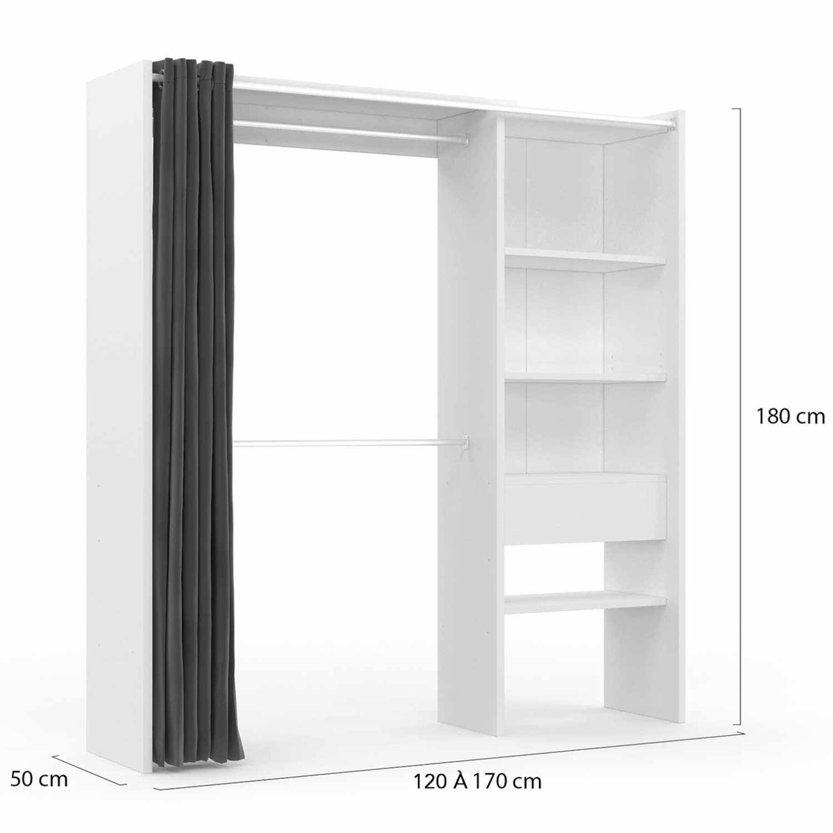 ID MARKET Dressing extensible MARTY 120/170 x 50 x 180 cm blanc avec étagères + double penderie + rideau gris