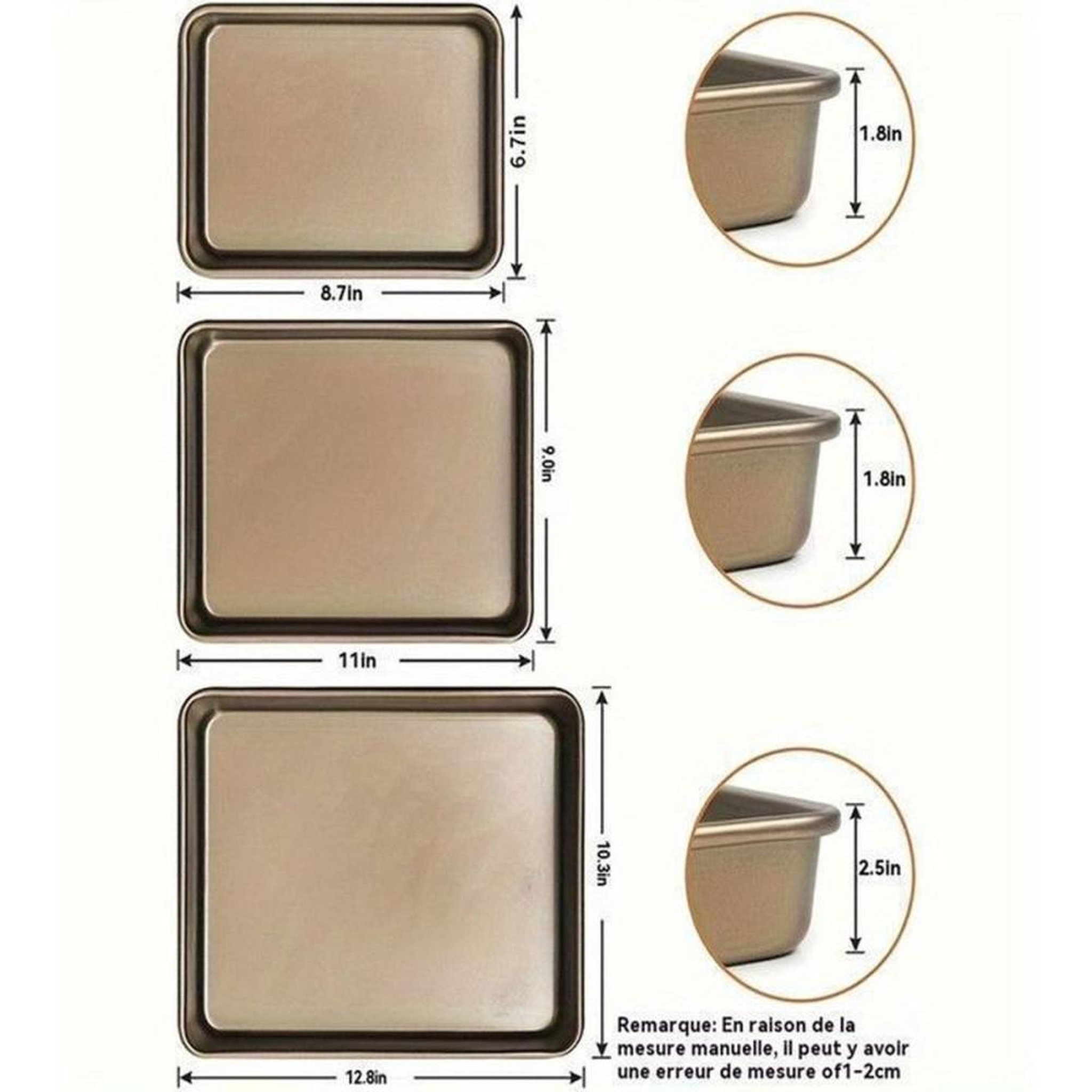 Voir la diapositive 6 : Set de 3 plateaux de cuisson rectangulaires pour four acier au carbone inox 22 28 32 cm antiadhésifs empilables