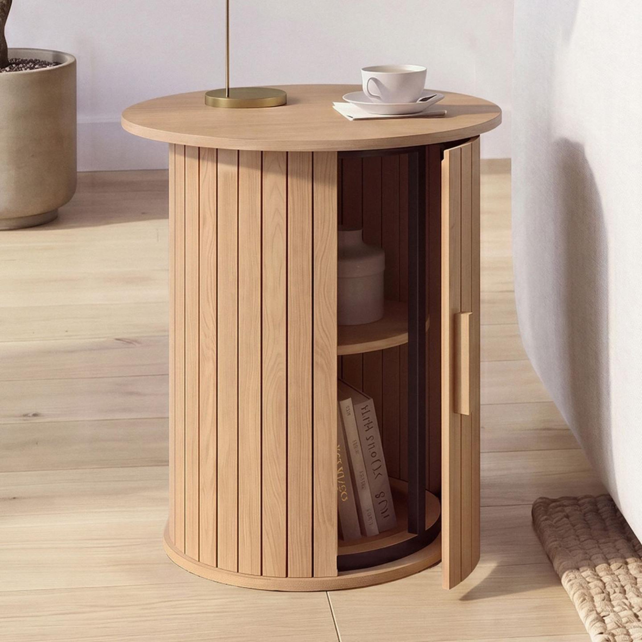 Voir la diapositive 2 : ID MARKET Table d'appoint ronde, bout de canapé, table de chevet JULIETTE 45 cm avec rangement intérieur lattes tasseau bois coloris chêne