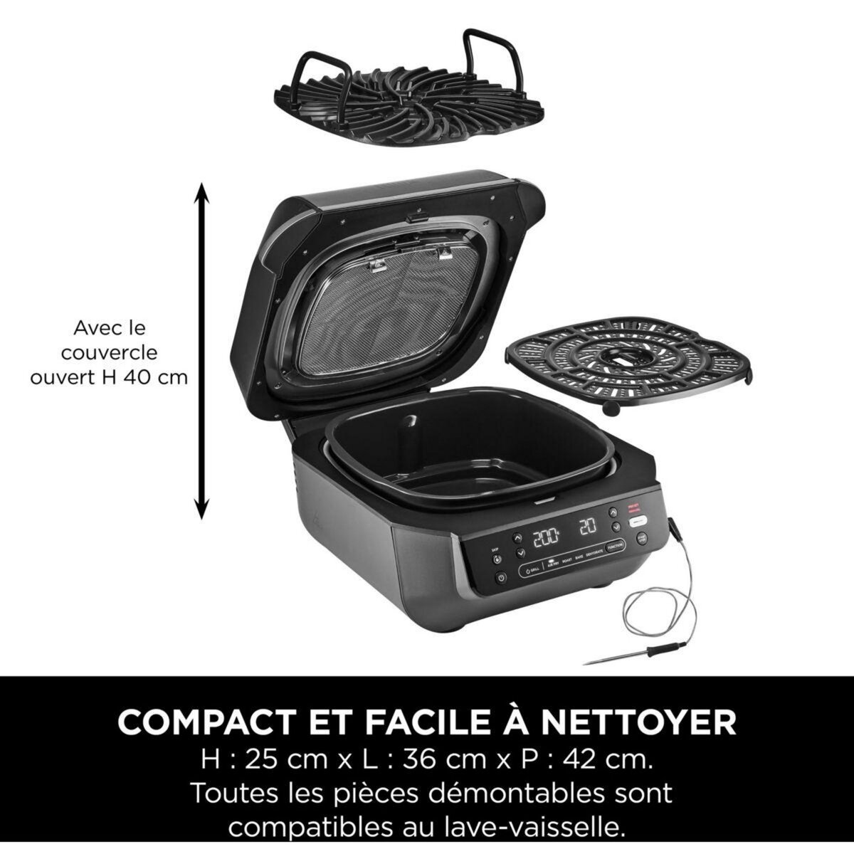 NINJA Grille-viande Foodi Air Grill  EG351 gris thermosonde à poser, 25.5x24.5 cm