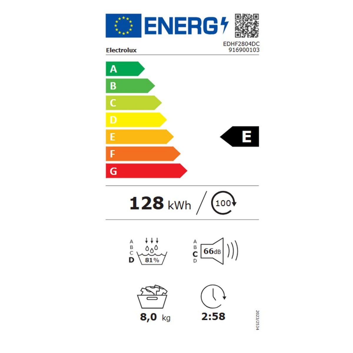 ELECTROLUX Sèche-linge pompe à chaleur 60cm 8kg blanc - EDHF2804DC
