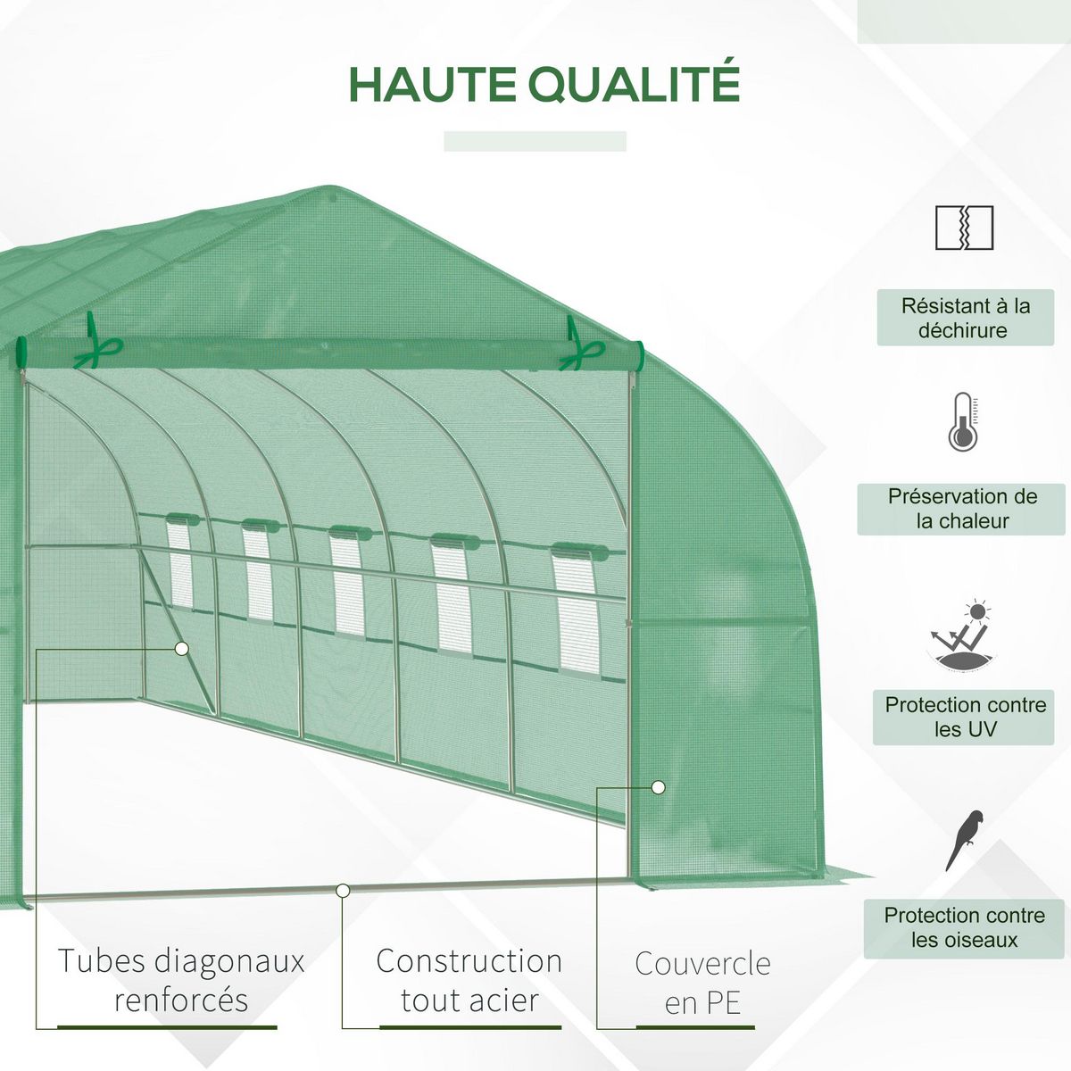 OUTSUNNY Serre tunnel grande taille 24 m² châssis tubulaire acier galvanisé renforcé 2,4 cm 12 fenêtres 1 porte vert