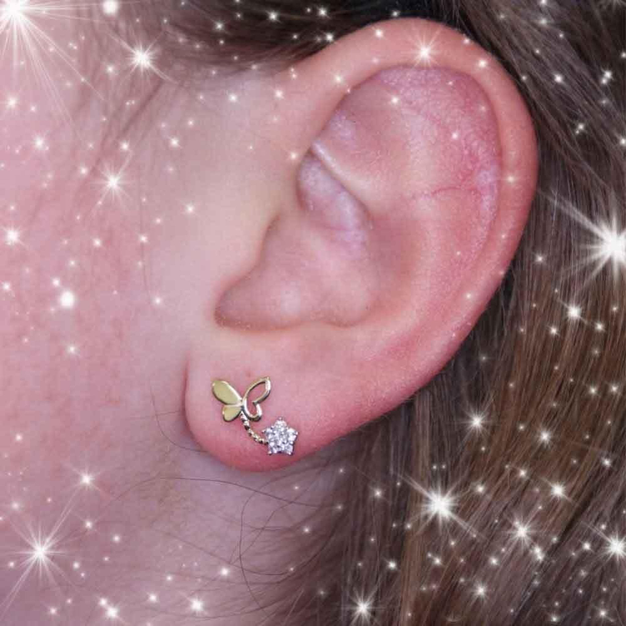 Voir la diapositive 2 : L'ATELIER D'AZUR Boucles d'Oreilles Papillons - Or Jaune et Zirconiums - Femme ou Enfant