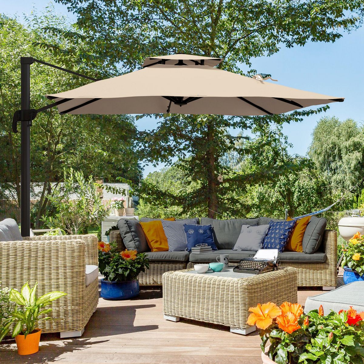 OUTSUNNY Parasol déporté carré 3 x 3 m - inclinable, pivotant - manivelle, piètement - alu toile haute densité 250 g/m² kaki