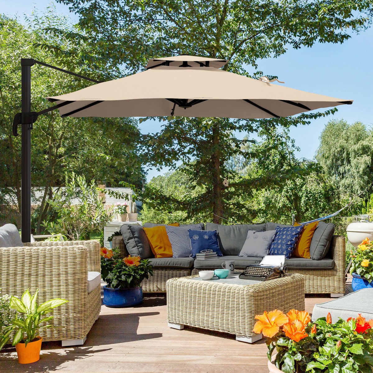 OUTSUNNY Parasol déporté carré 3 x 3 m - inclinable, pivotant - manivelle, piètement - alu toile haute densité 250 g/m² kaki