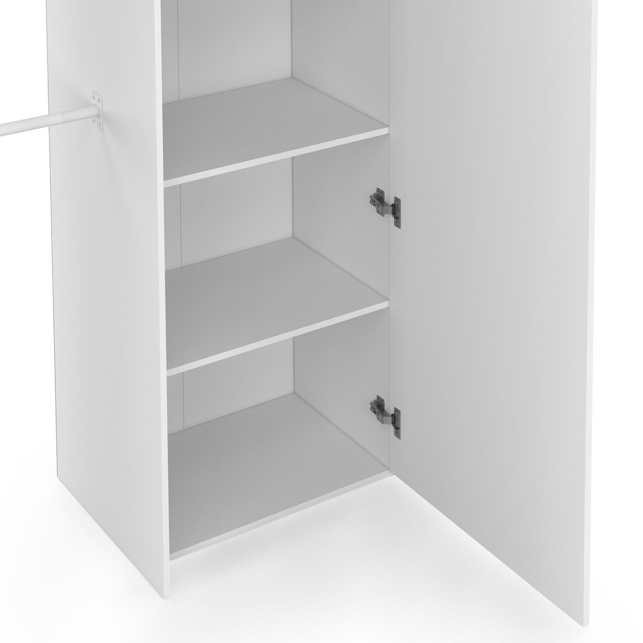 Voir la diapositive 6 : ID MARKET Dressing extensible marty 120/170 x 50 x 180 cm blanc avec étagères + double penderie + miroir + rideau gris