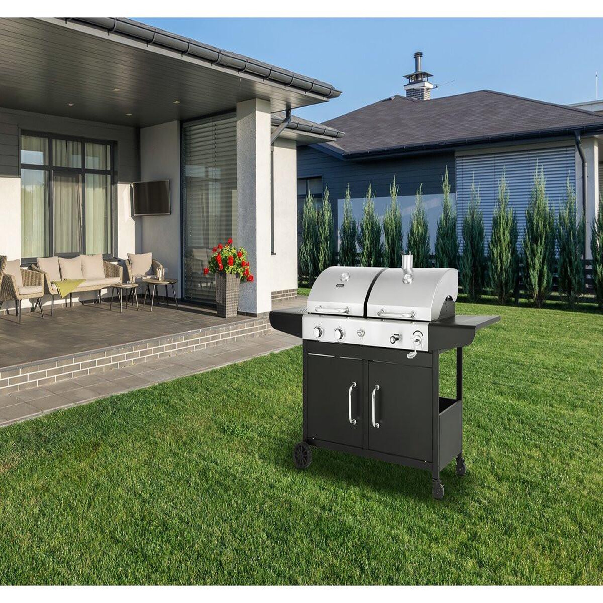 Voir la diapositive 2 : Habitat et Jardin Barbecue gaz et charbon 2 en 1 en métal  western  - noir