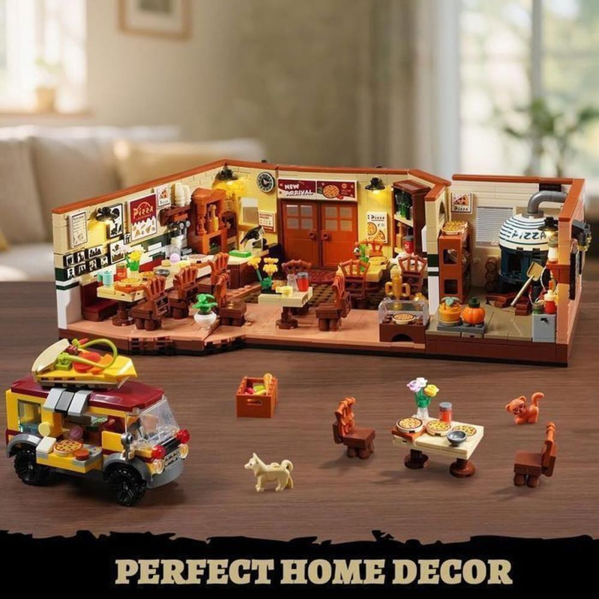 Voir la diapositive 6 : Set de construction CD Pizzeria Italienne avec LED intégrées, 1 098 pièces, design ouvert 3 côtés et camion pizza rétro