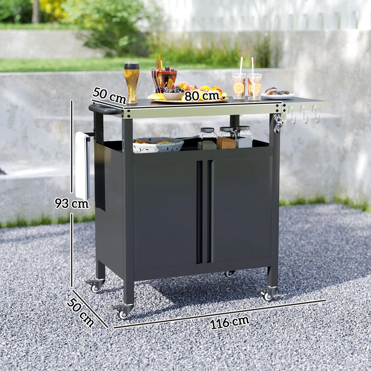 OUTSUNNY Desserte de jardin desserte plancha barbecue - 2 portes, tablette pliable, 3 crochets - acier noir acier inox