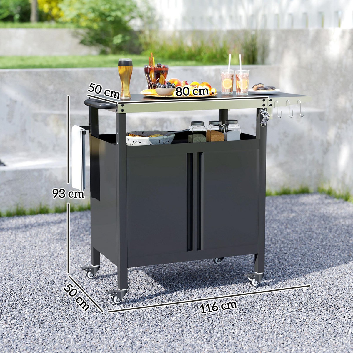 OUTSUNNY Desserte de jardin desserte plancha barbecue - 2 portes, tablette pliable, 3 crochets - acier noir acier inox