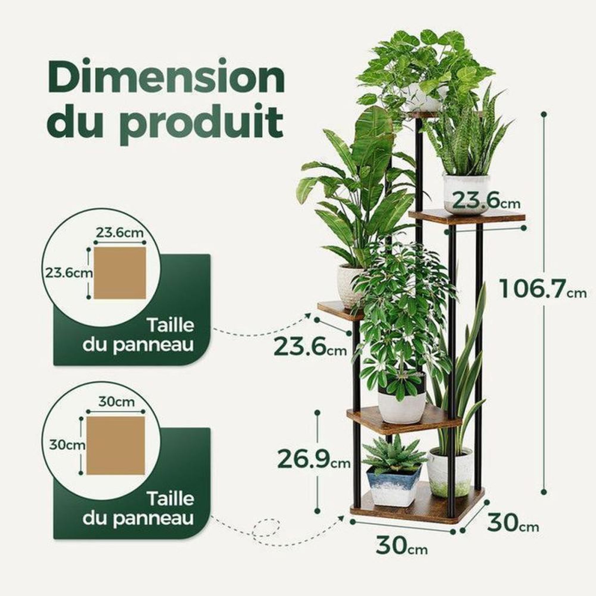 Voir la diapositive 5 : Présentoir à plantes 5 niveaux métal et MDF brun 30 x 30 cm, hauteur 106,7 cm, cadre noir, pour intérieur