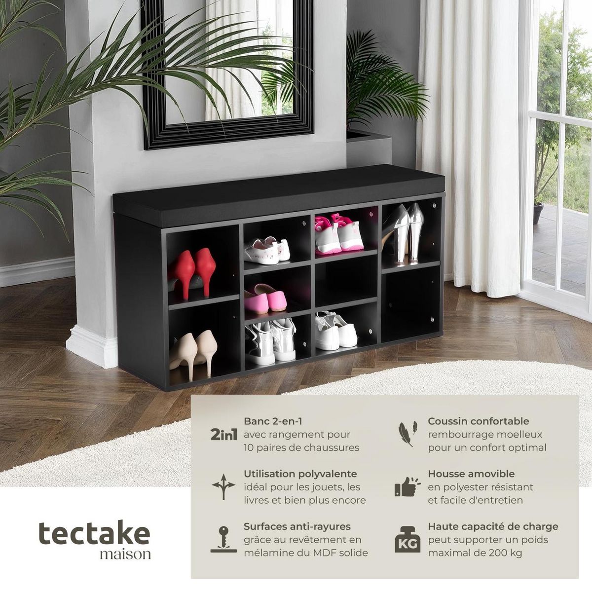 tectake Meuble à chaussures pour 10 paires de chaussures noir