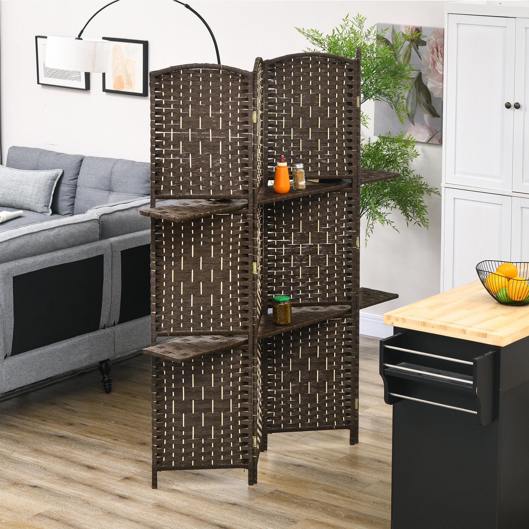 Voir la diapositive 2 : HOMCOM Paravent séparateur de pièce 4 panneaux pliables dim. 160L x 170H cm - 2 étagères - bois fibre papier brun