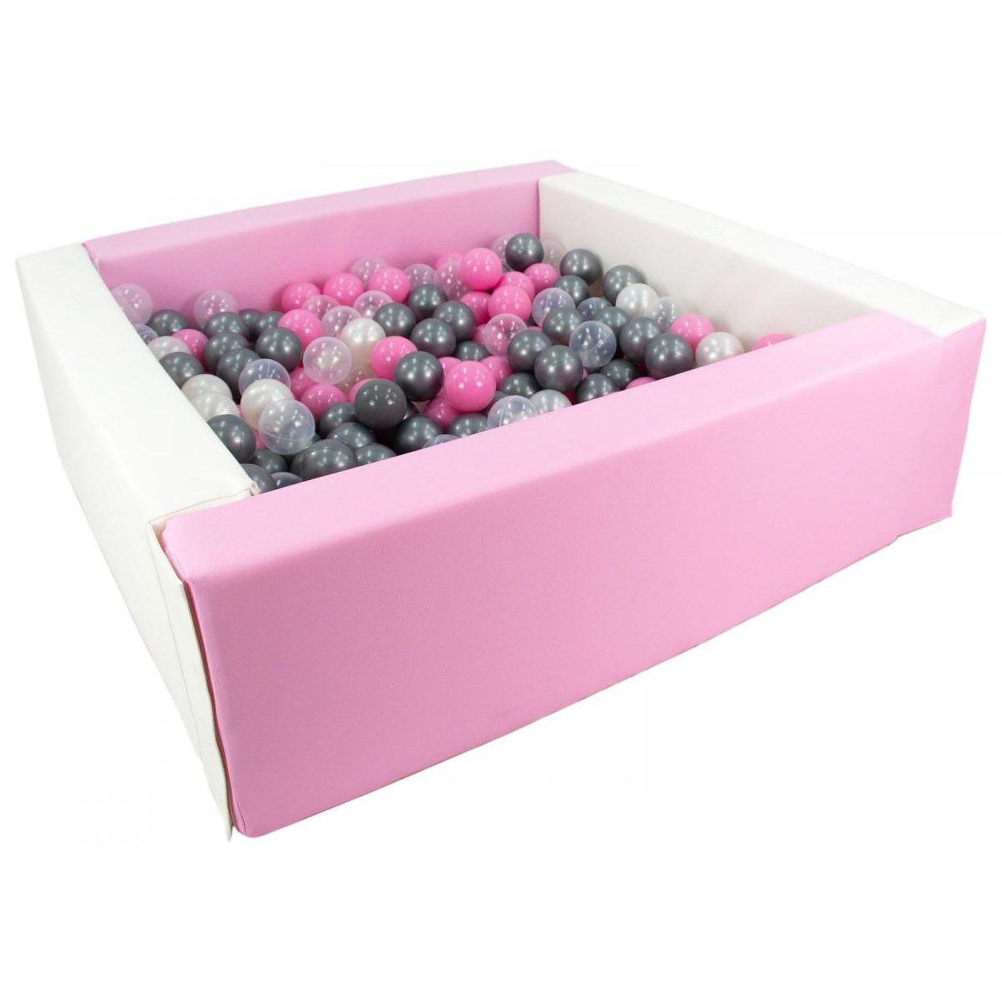 VELINDA Piscine à balles carrée avec 300 balles - blanc, rose (p)/perle, transparent, rose clair, argent