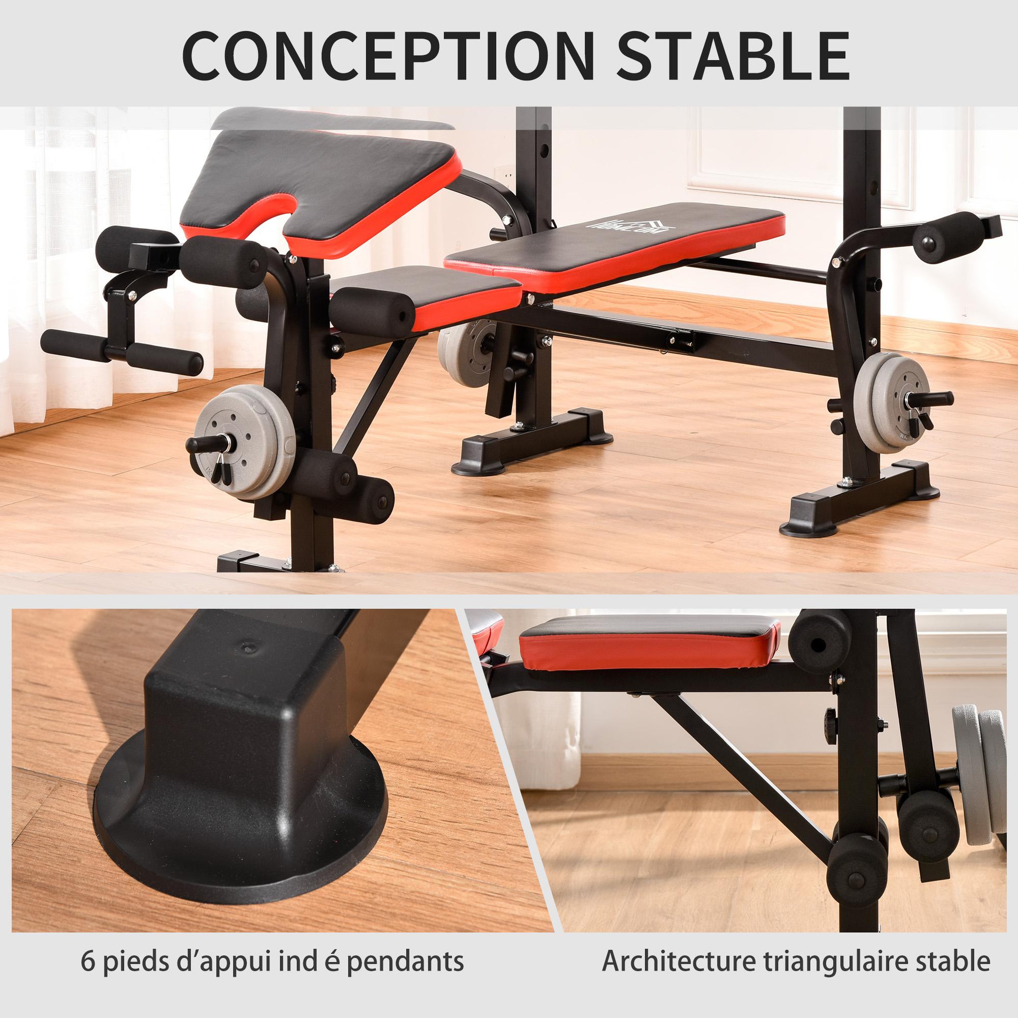 Voir la diapositive 5 : HOMCOM Banc de musculation fitness entrainement complet avec support d'haltères dossier réglable acier noir rouge