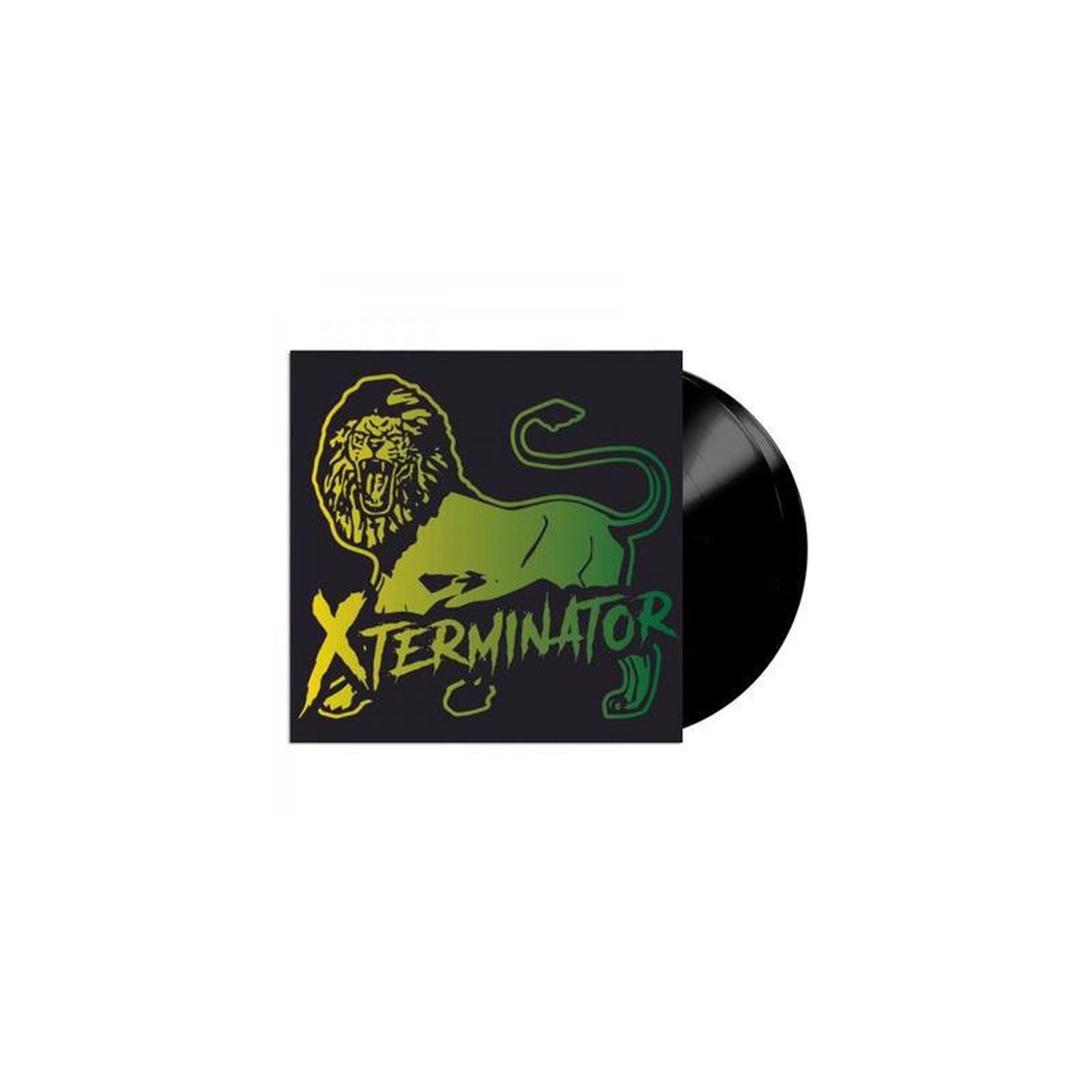 Vinyle single xterminaton disque noir, tête de lion et serpent en illustration jaune et verte